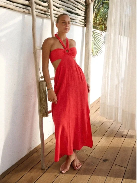 Giovanna Dress Cherry Halter Cutout Maxi Dress • Pima Cotton Dress • Size Small - Picture 6 of 14